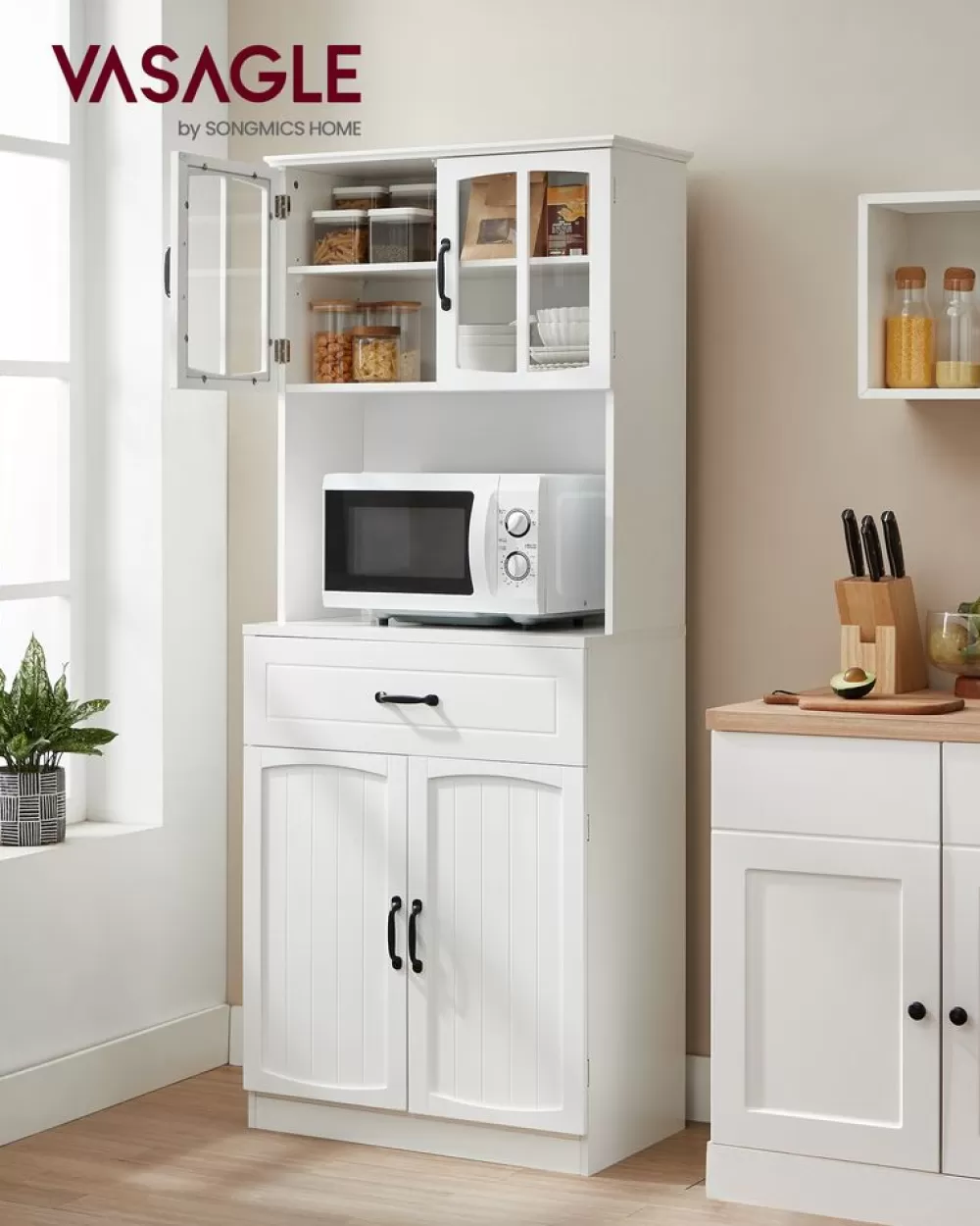 Discount Buffet haut cuisine avec portes en verre et étagères réglables blanc Enfant Cuisine & Salle À Manger | Buffets