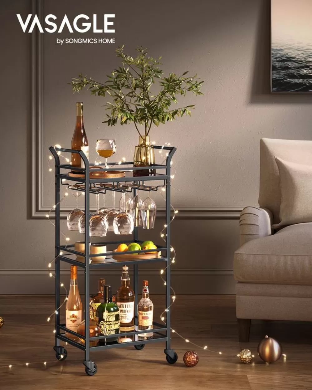Clearance Chariot de rangement 3 niveaux avec roulette frein marron rustique et noir d'encre Dessertes