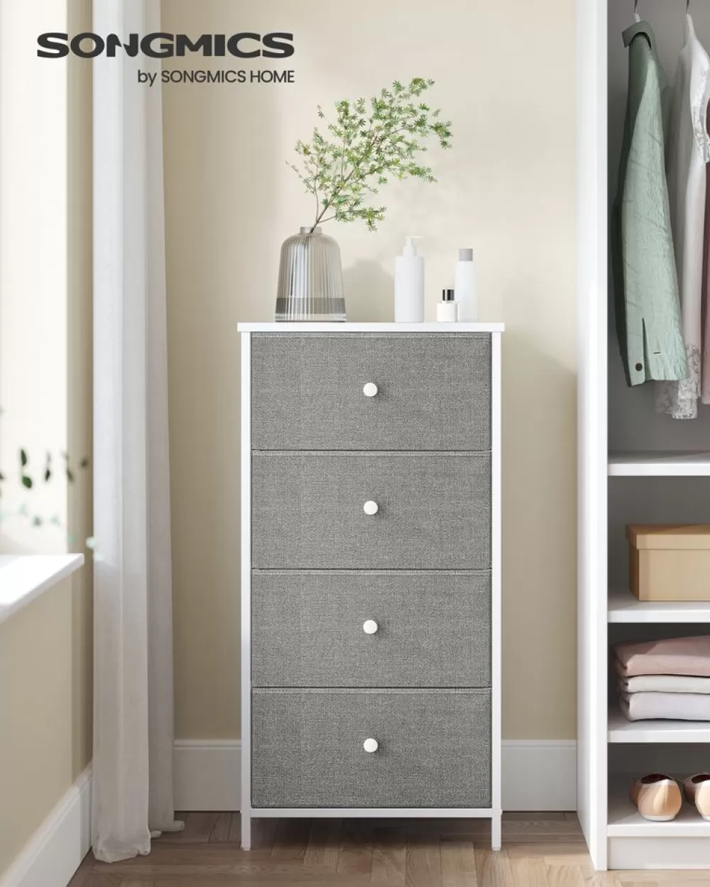 Fashion Commode colonne de rangement en tissu avec 5 tiroirs gris tourterelle et blanc crème Commodes
