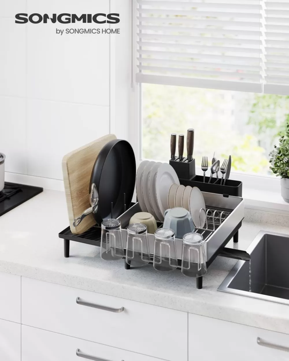 Discount Egouttoir vaisselle porte-ustensiles en acier inoxydable argenté et noir Étagère À Épices