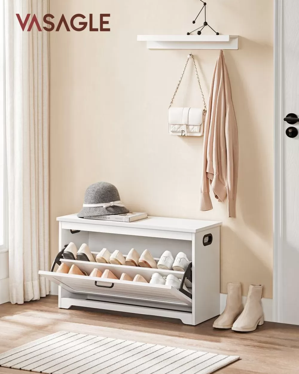 Online Meuble à chaussures rangement 3 niveaux avec portes aspect rotin étagère réglable en hauteur pieds en acier beige chêne Meubles À Chaussures | Meubles À Chaussures