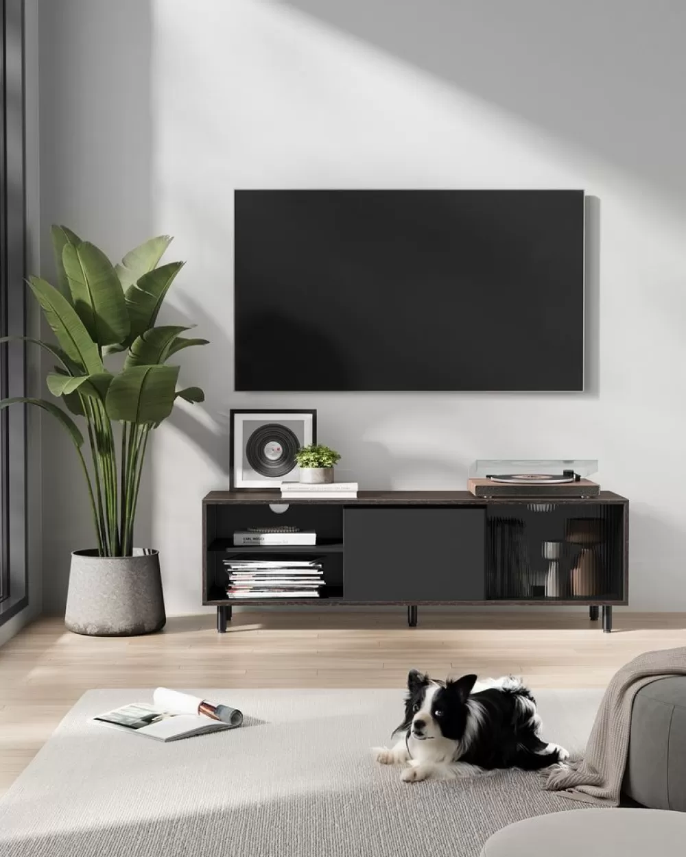 Fashion Meuble tv pour téléviseur jusqu’à 65 pouces cadre en métal, marron rustique et noir Meubles Tv
