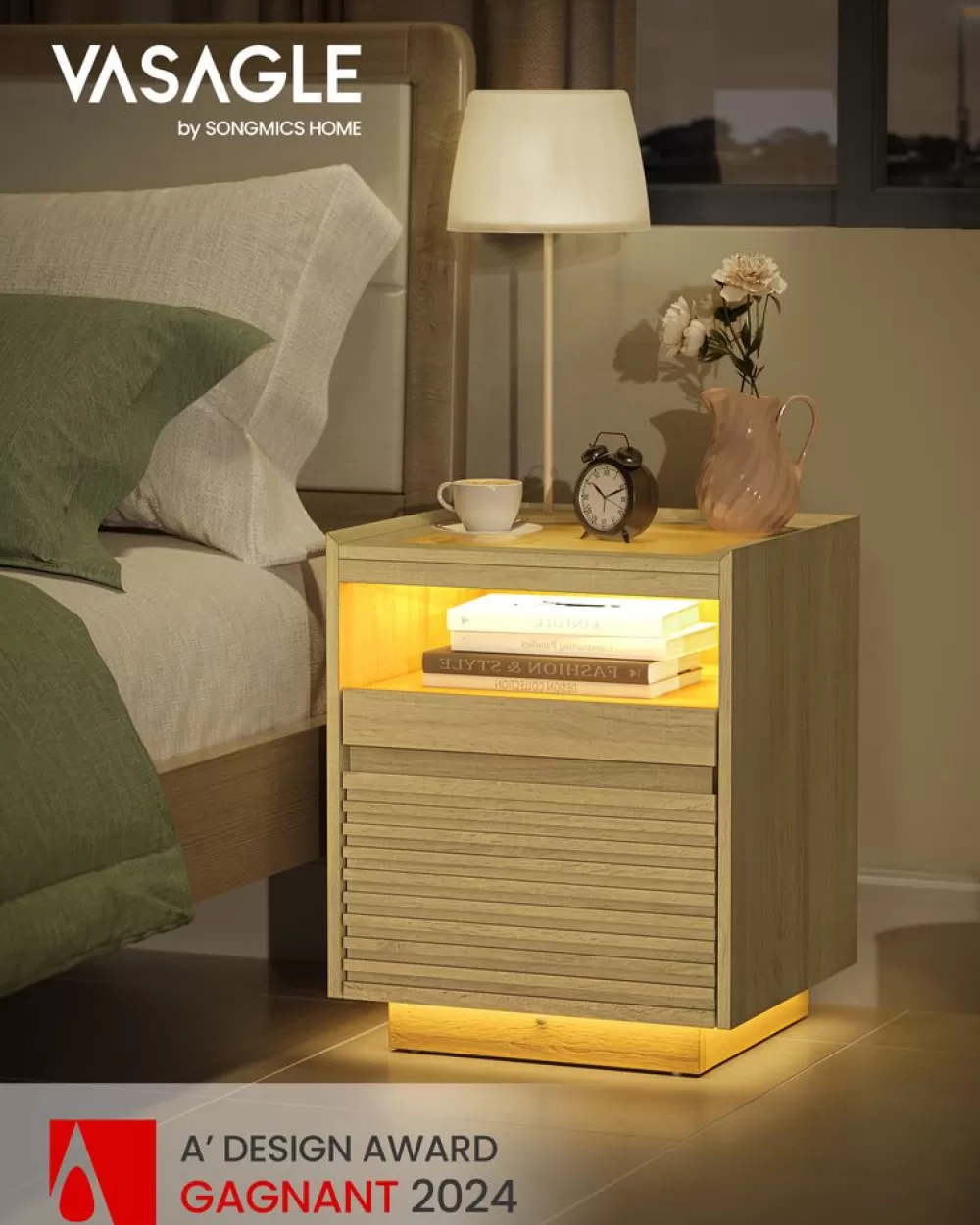 Online Table chevet avec lumière led avec tiroir chêne naturel Chambre | Tables D'Appoint