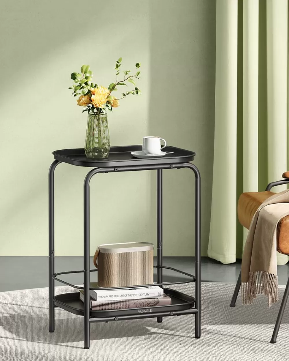 Fashion Table d'appoint ronde 2 niveaux cadre en acier noisette rustique et noir Tables D'Appoint