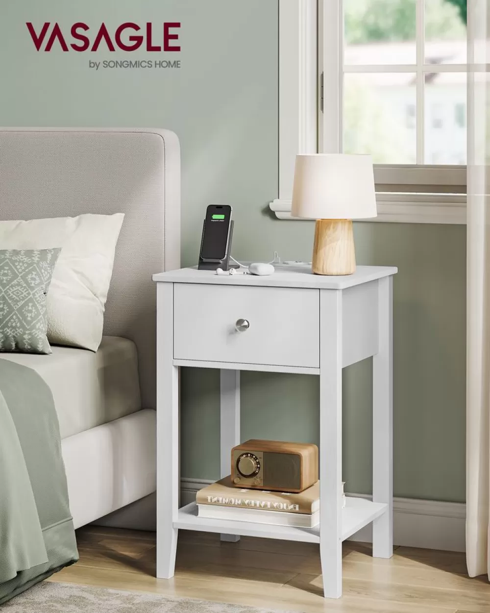 Sale Table de chevet en bambou avec 2 tiroirs et étagère ouverte blanc nuage Tables De Chevet