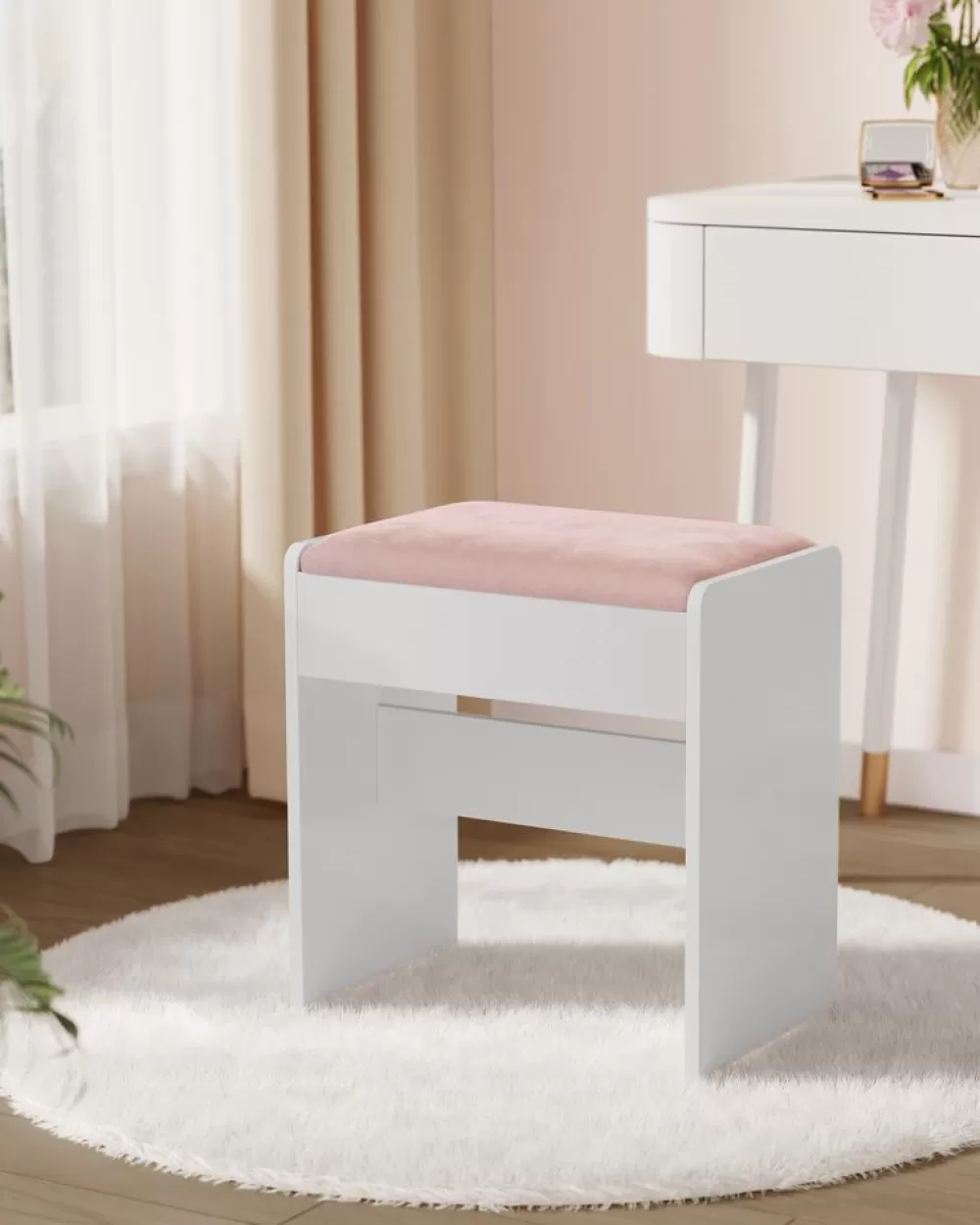 Outlet Tabouret coiffeuse blanc crème et beige chêne Tabourets De Coiffeuse | Coiffeuses