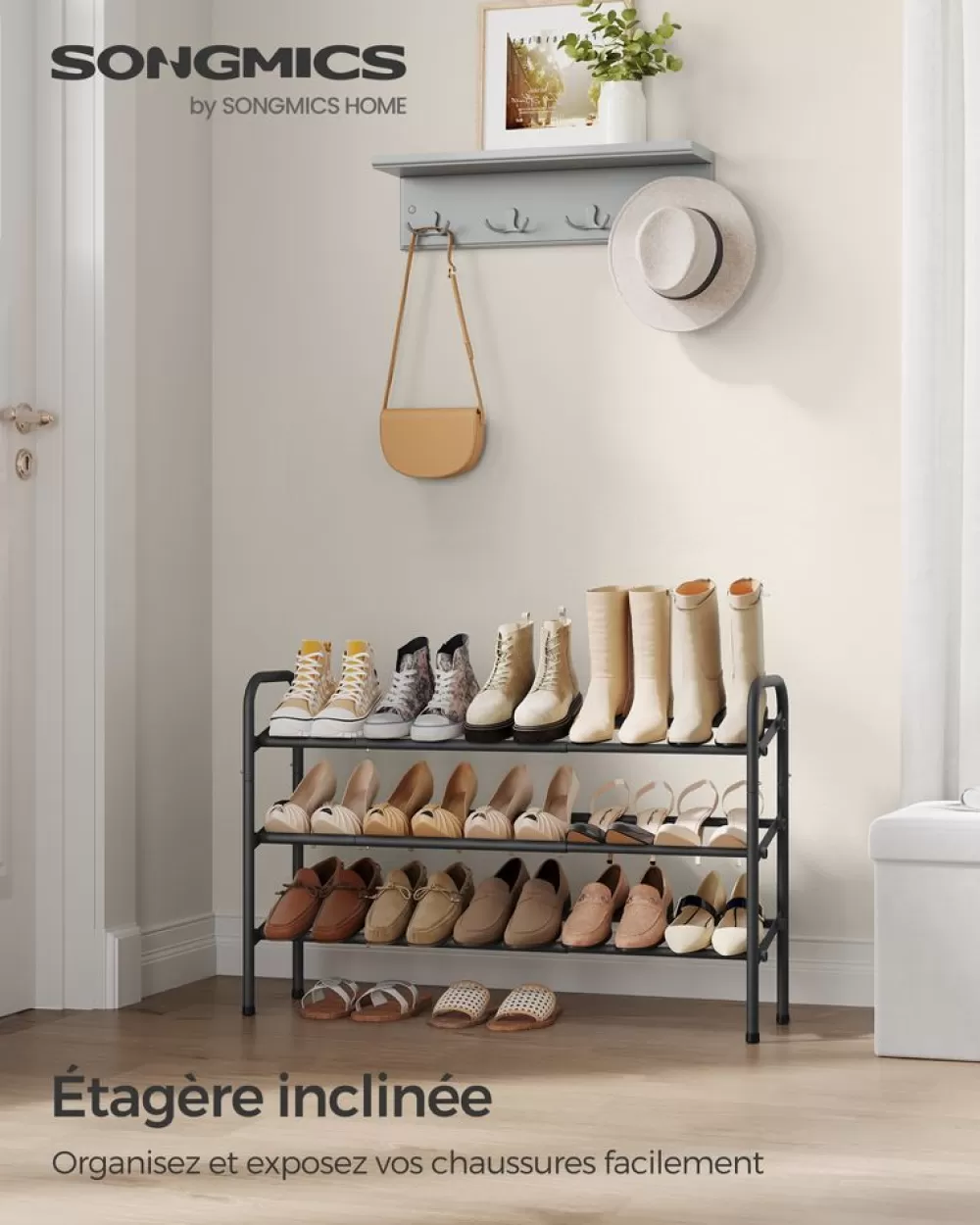 Shop Étagère à chaussures à 2 niveaux avec 4 crochets noir d'encre Meubles À Chaussures | Meubles À Chaussures